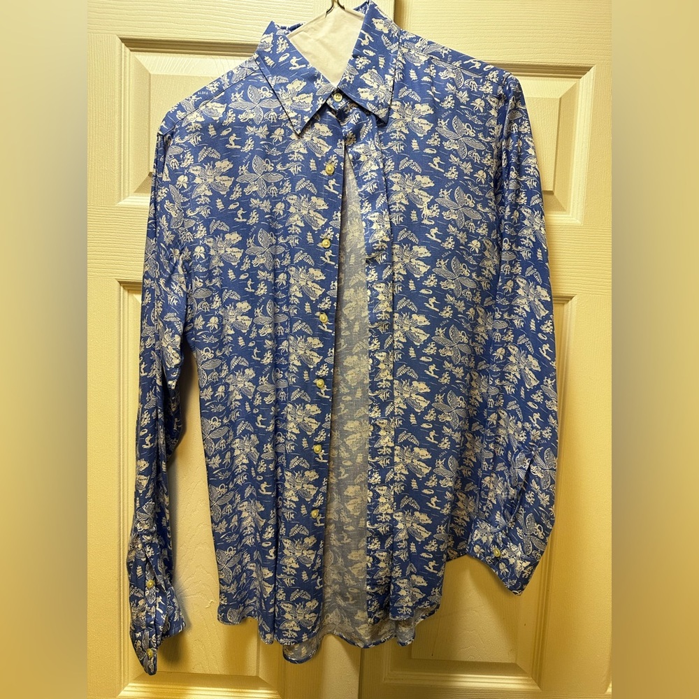 Cool Ralph Lauren Blue Linen Hawaiian style linen long sleeve button down shirt!